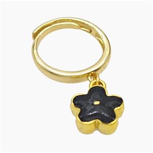 Copper Flower Rings Black Enamel Gold Plated, approx 12mm, 18mm dia