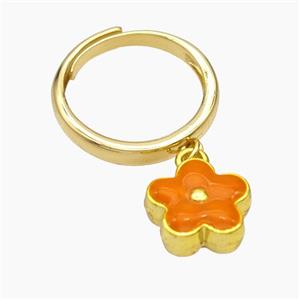 Copper Flower Rings Orange Enamel Gold Plated, approx 12mm, 18mm dia