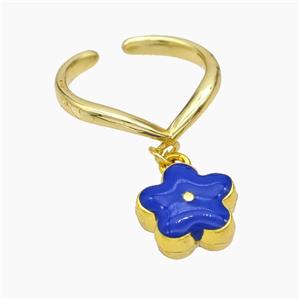 Copper Flower Rings Royalblue Enamel Gold Plated, approx 12mm, 18mm dia