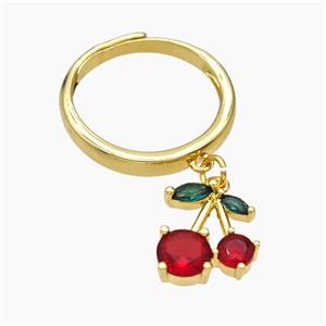 Copper Cherry Rings Pave Zirconia Adjustable Gold Plated, approx 10-13mm, 18mm dia