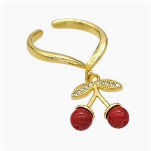 Copper Cherry Rings Pave Pearlized Resin Red Gold Plated, approx 15mm, 18mm dia