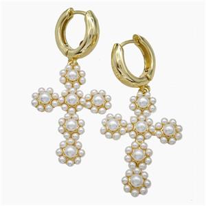 Copper Cross Hoop Earrings Pave Pearlized Resin Gold Plated, approx 22-30mm, 15mm dia