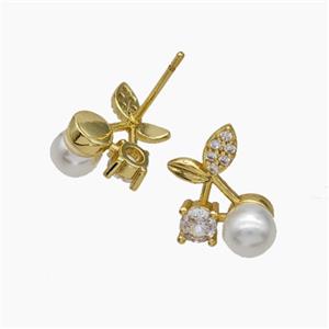 Copper Cherry Stud Earrings Pave Zirconia Pearlized Resin Gold Plated, approx 10-14mm