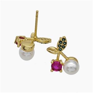 Copper Cherry Stud Earrings Pave Zirconia Pearlized Resin Gold Plated, approx 10-14mm