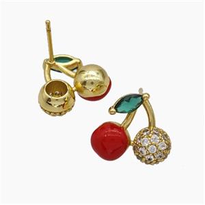 Copper Cherry Stud Earrings Pave Zirconia Red Enamel Gold Plated, approx 12-15mm