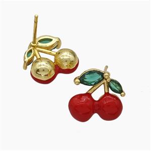 Copper Cherry Stud Earrings Pave Zirconia Red Enamel Gold Plated, approx 11-13mm