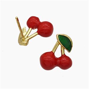 Copper Cherry Stud Earrings Red Enamel Gold Plated, approx 13-14mm