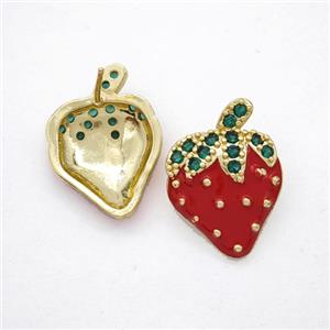 Copper Strawberry Stud Earrings Pave Zirconia Red Enamel Gold Plated, approx 15-20mm