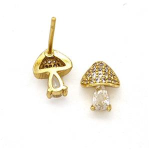 Copper Mushroom Stud Earrings Pave Zirconia Gold Plated, approx 7-9mm