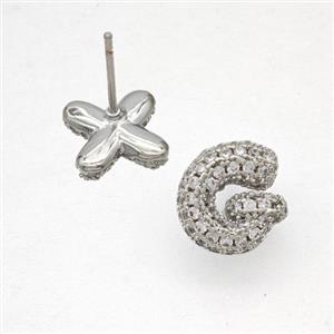 Copper Stud Earrings Pave Zirconia Letter-G Platinum Plated, approx 8-10mm