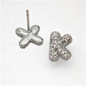 Copper Stud Earrings Pave Zirconia Letter-K Platinum Plated, approx 8-10mm