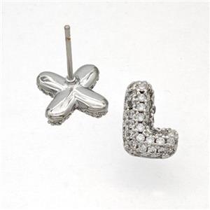 Copper Stud Earrings Pave Zirconia Letter-L Platinum Plated, approx 8-10mm