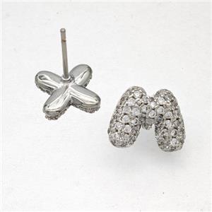 Copper Stud Earrings Pave Zirconia Letter-M Platinum Plated, approx 8-10mm