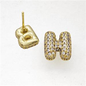 Copper Stud Earrings Pave Zirconia Letter-H Gold Plated, approx 8-10mm