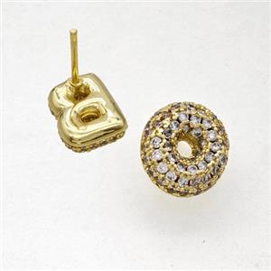 Copper Stud Earrings Pave Zirconia Letter-O Gold Plated, approx 8-10mm