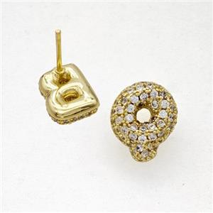 Copper Stud Earrings Pave Zirconia Letter-Q Gold Plated, approx 8-10mm