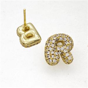 Copper Stud Earrings Pave Zirconia Letter-R Gold Plated, approx 8-10mm