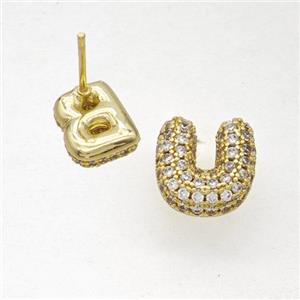 Copper Stud Earrings Pave Zirconia Letter-U Gold Plated, approx 8-10mm