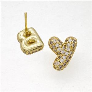 Copper Stud Earrings Pave Zirconia Letter-Y Gold Plated, approx 8-10mm