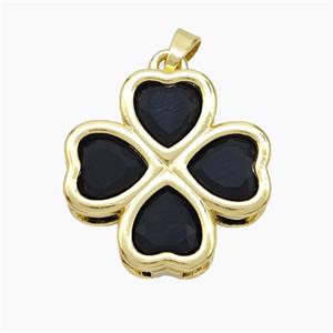 Copper Clover Pendant Pave Black Crystal Glass Heart Gold Plated, approx 21mm