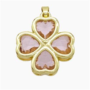 Copper Clover Pendant Pave Pink Crystal Glass Heart Gold Plated, approx 21mm