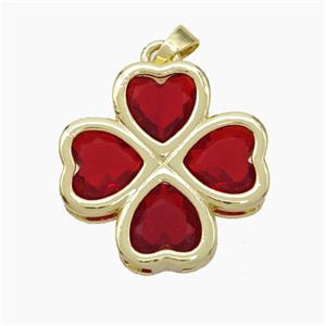 Copper Clover Pendant Pave Red Crystal Glass Heart Gold Plated, approx 21mm