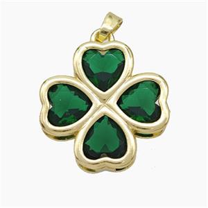 Copper Clover Pendant Pave Green Crystal Glass Heart Gold Plated, approx 21mm