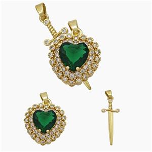 Copper Sword Heart Pendant Pave Zirconia Green Crystal Glass Gold Plated, approx 14mm, 10-28mm