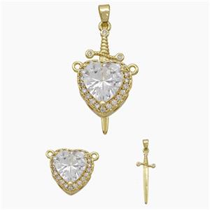 Copper Sword Heart Pendant Pave Zirconia Clear Crystal Glass Gold Plated, approx 14mm, 10-28mm