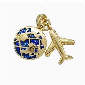 Copper Earth And Airplane Pendant Blue Painted Gold Plated, approx 14mm, 14-15mm