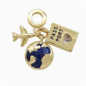 Earth And Airplane Passport Charms Copper Pendant Blue Painted Gold Plated, approx 9-12mm, 8mm dia