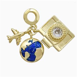Earth And Airplane Camera Charms Copper Pendant Blue Painted Gold Plated, approx 9-12mm, 15mm, 8mm dia