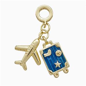 Airplane And Travel Box Charms Copper Pendant Blue Painted Gold Plated, approx 14-15mm, 9-16mm, 8mm dia