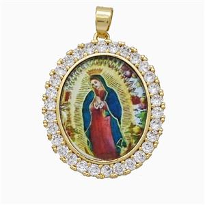 Copper Virgin Mary Pendant Pave Zirconia Painted Oval Gold Plated, approx 25-30mm