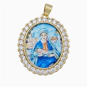 Copper Virgin Mary Pendant Pave Zirconia Painted Oval Gold Plated, approx 25-30mm