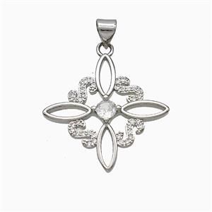 Copper Cross Pendant Pave Zirconia Flower Platinum Plated, approx 25mm