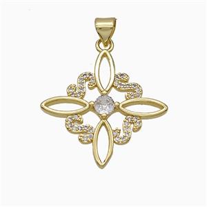 Copper Cross Pendant Pave Zirconia Flower Gold Plated, approx 25mm