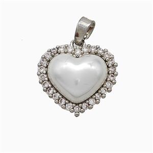 Copper Heart Pendant Pave Zirconia White Pearlized Resin Platinum Plated, approx 15-16mm