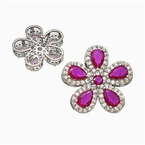 Copper Flower Pendant Pave Zirconia Fuchsia Crystal Glass Platinum Plated, approx 20mm