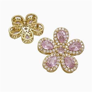 Copper Flower Pendant Pave Zirconia Pink Crystal Glass Gold Plated, approx 20mm