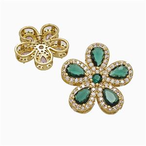 Copper Flower Pendant Pave Zirconia Green Crystal Glass Gold Plated, approx 20mm