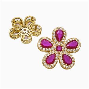 Copper Flower Pendant Pave Zirconia Fuchsia Crystal Glass Gold Plated, approx 20mm
