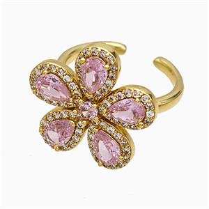 Copper Flower Rings Pave Zirconia Pink Crystal Glass Gold Plated, approx 20mm, 18mm dia