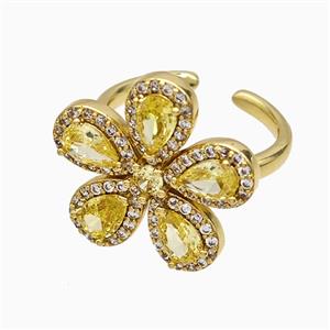 Copper Flower Rings Pave Zirconia Yellow Crystal Glass Gold Plated, approx 20mm, 18mm dia