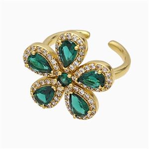 Copper Flower Rings Pave Zirconia Green Crystal Glass Gold Plated, approx 20mm, 18mm dia
