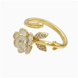 Copper Flower Rings Pave Zirconia White Enamel Gold Plated, approx 11mm, 18mm dia