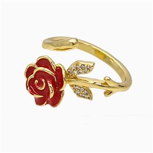 Copper Flower Rings Pave Zirconia Red Enamel Gold Plated, approx 11mm, 18mm dia