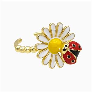 Copper Flower Ladybug Rings Red White Enamel Gold Plated, approx 17-19mm, 18mm dia