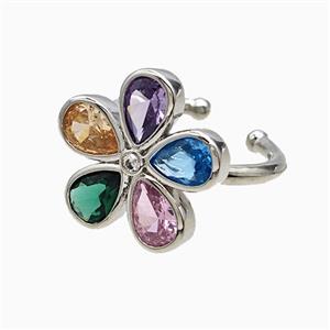 Copper Flower Rings Pave Multicolor Crystal Glass Platinum Plated, approx 18mm, 18mm dia