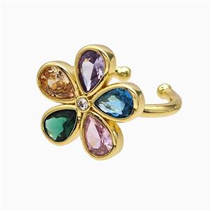 Copper Flower Rings Pave Multicolor Crystal Glass Gold Plated, approx 18mm, 18mm dia